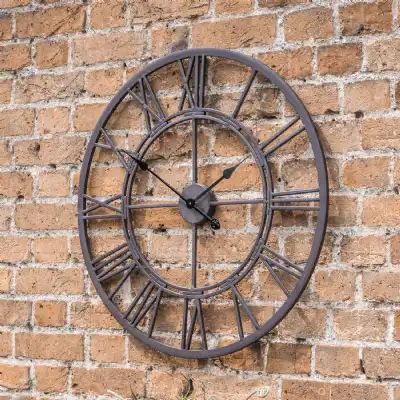 Outdoor Garden Round Wall Clock Ember Distressed Brown Metal Framed