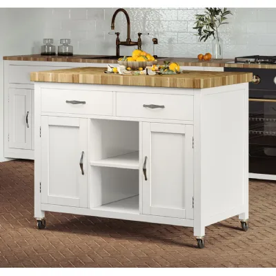 White Painted Kitchen Island with Butchers Block Top on Wheels