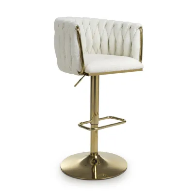 Cream Linen Fabric Adjustable Swivel Bar Stool Gold Legs