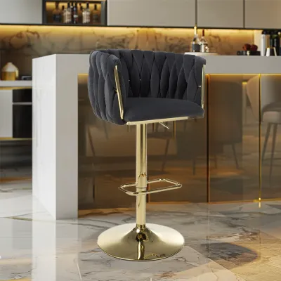 Black Velvet Fabric Adjustable Swivel Bar Stool Gold Legs