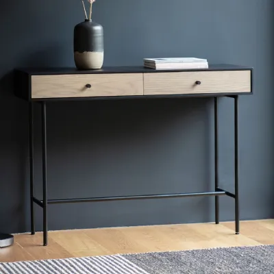 Black Metal and Brown Oak Wood 2 Drawer Console Table