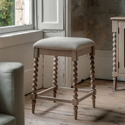 Oak Square Bar Stool Biscuit Fabric Seat Bobbin Legs