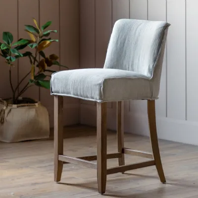 Taupe Linen Fabric Bar Stool Oak Wood Legs and Foot Rest