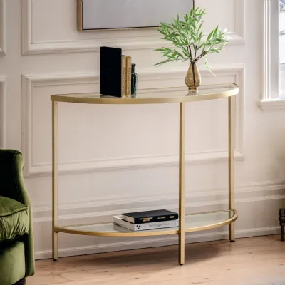 Champagne Gold Metal Oval Console Table Glass Top and Shelf