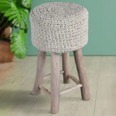 Scandi Natural Wooden Knitted Woolen Bar Stool with Footrest