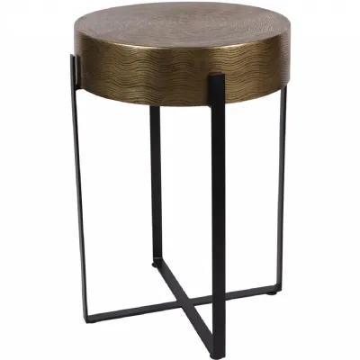 Etched Brass 40cm Round Side Lamp Table on Black Metal Stand