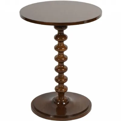 Glossy Dark Wood Turned Bobbin Round Side Lamp Table