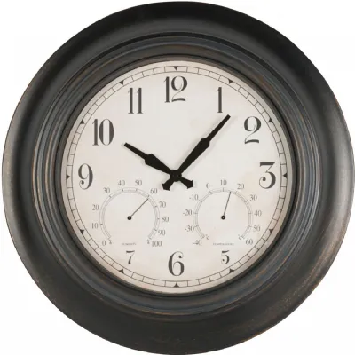 Black Outdoor Metal Clock with Temp and Humidity Dials