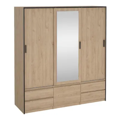 Line Wardrobe with 2 Sliding Doors 1 Sliding Door with Mirror in Jackson Hickory Oak