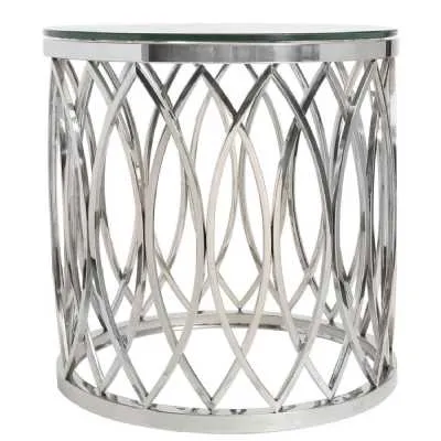 Modern Style Chrome Geometric Shape Living Room Side End Table With Tempered Glass Top 52 x 51cm Diameter