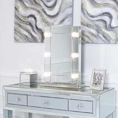 Silver Mirrored Glass Broadway Dressing Table Vanity Mirror 6 Light LED Light Bulbs