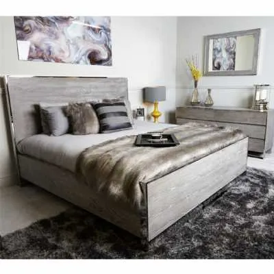 6ft Grey Wash Elm Wood Super King Size Bed Frame Stainless Steel Frame
