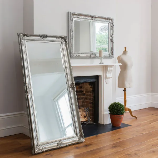 Silver Wood Bevelled Large Leaner Rectangular Wall Mirror