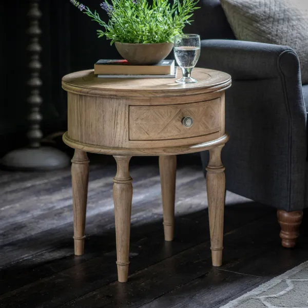 Round Natural Wooden 1 Drawer Side Lamp Table