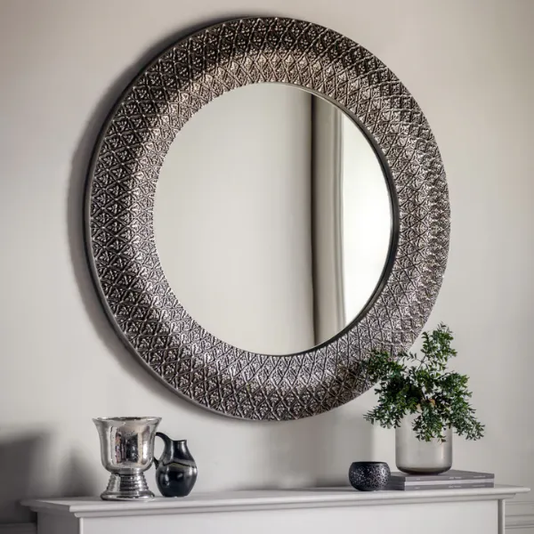 Pewter Metal Framed Large Round Wall Mirror 100cm Diameter