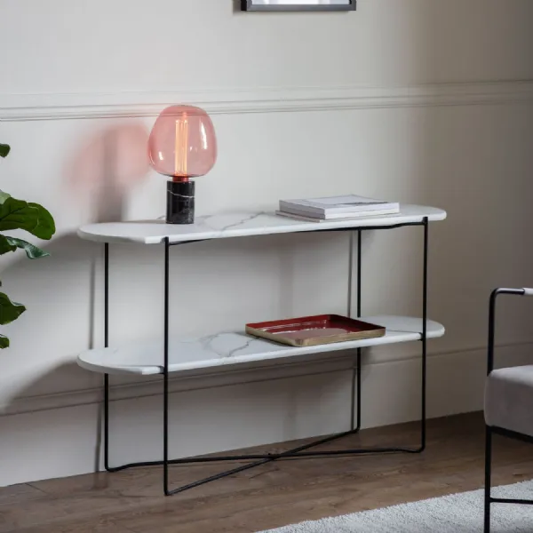 White Faux Marble Effect Console Table Black Metal Base