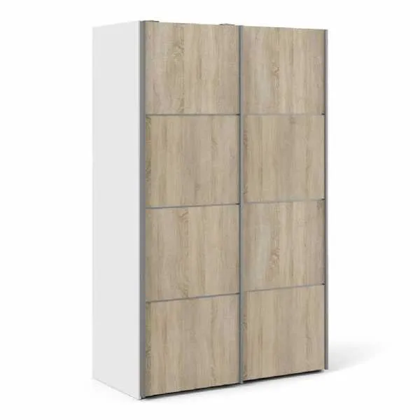 White Tall Sliding Wardrobe 120cm Light Oak 2 Doors 2 Shelves