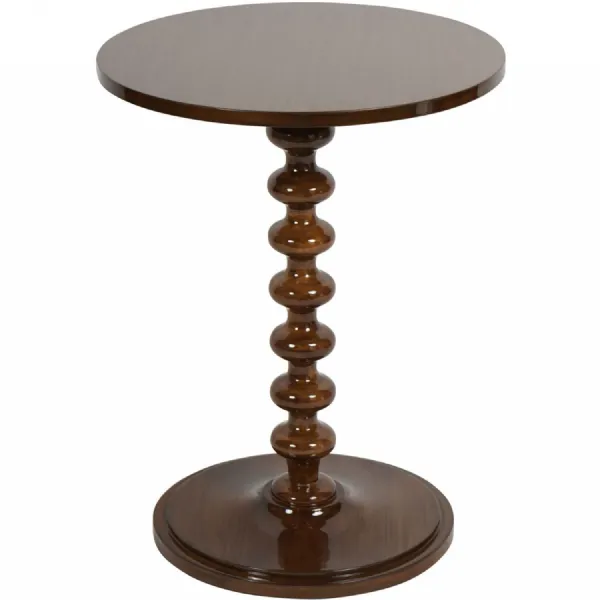 Glossy Dark Wood Turned Bobbin Round Side Lamp Table