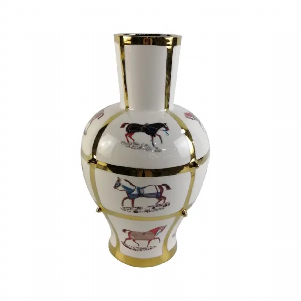 38. 8cm White With Horse Design Ceramic Vase