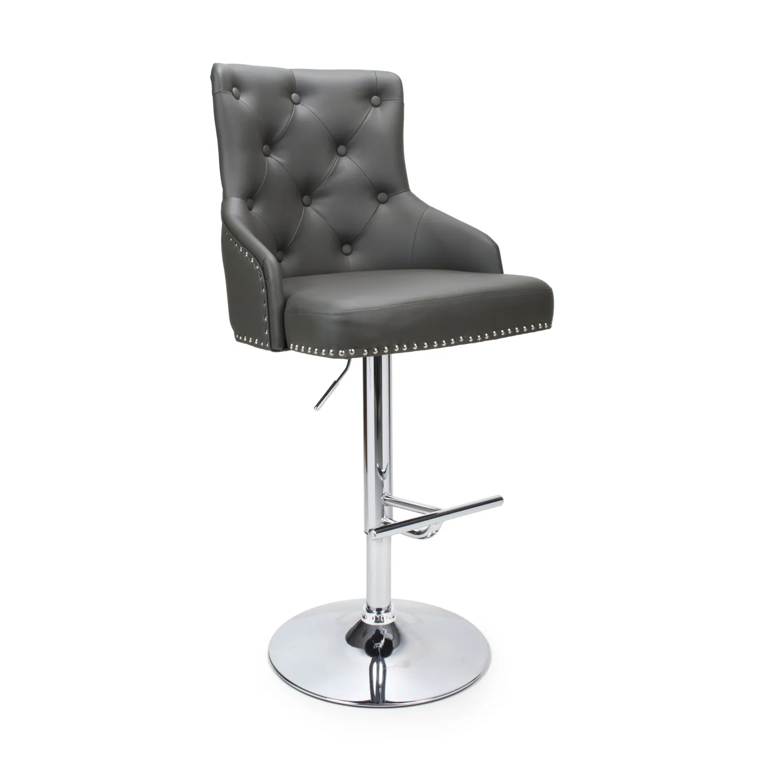 Grey Leather Adjustable Bar Stool Chrome Base