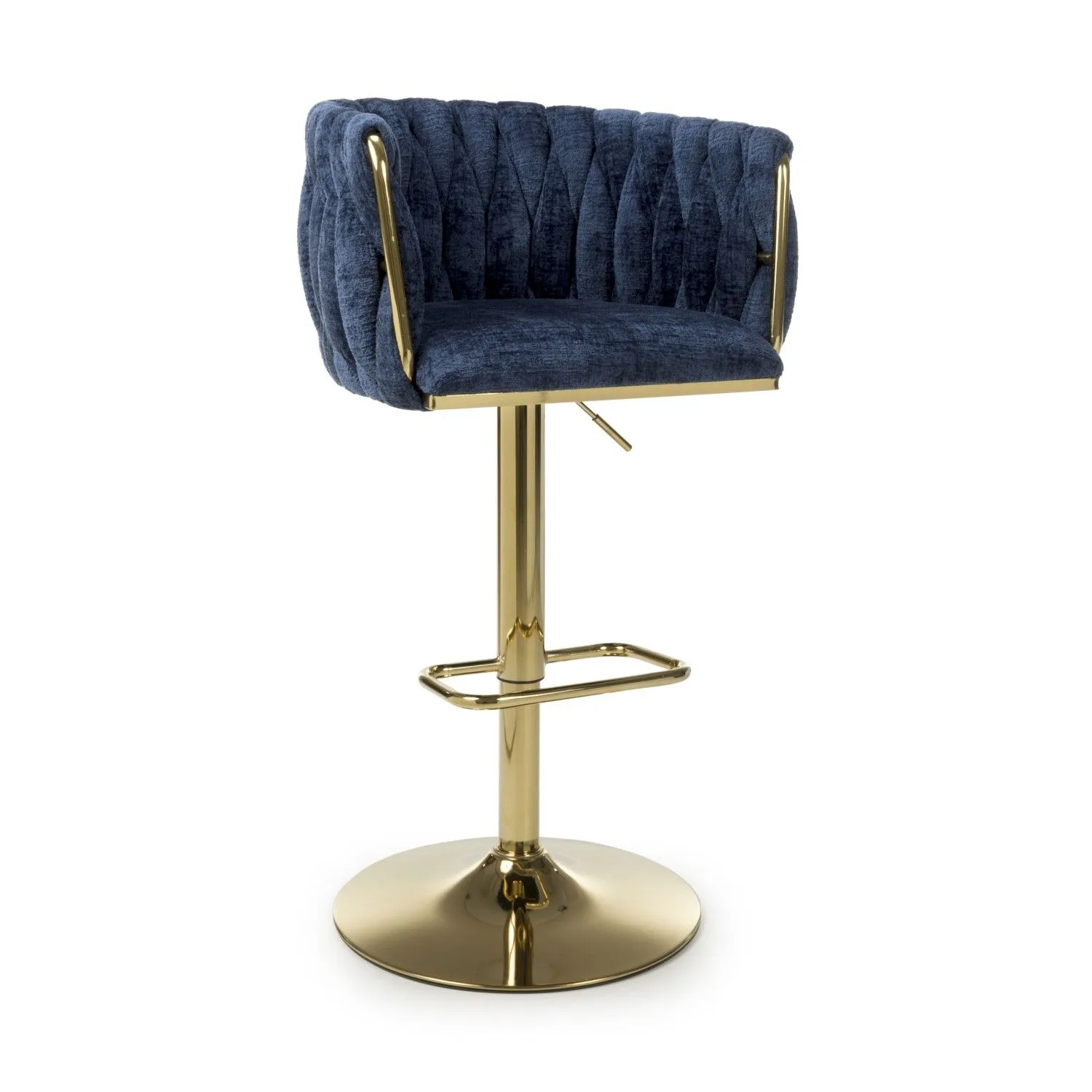 Blue Linen Fabric Adjustable Swivel Bar Stool Gold Legs