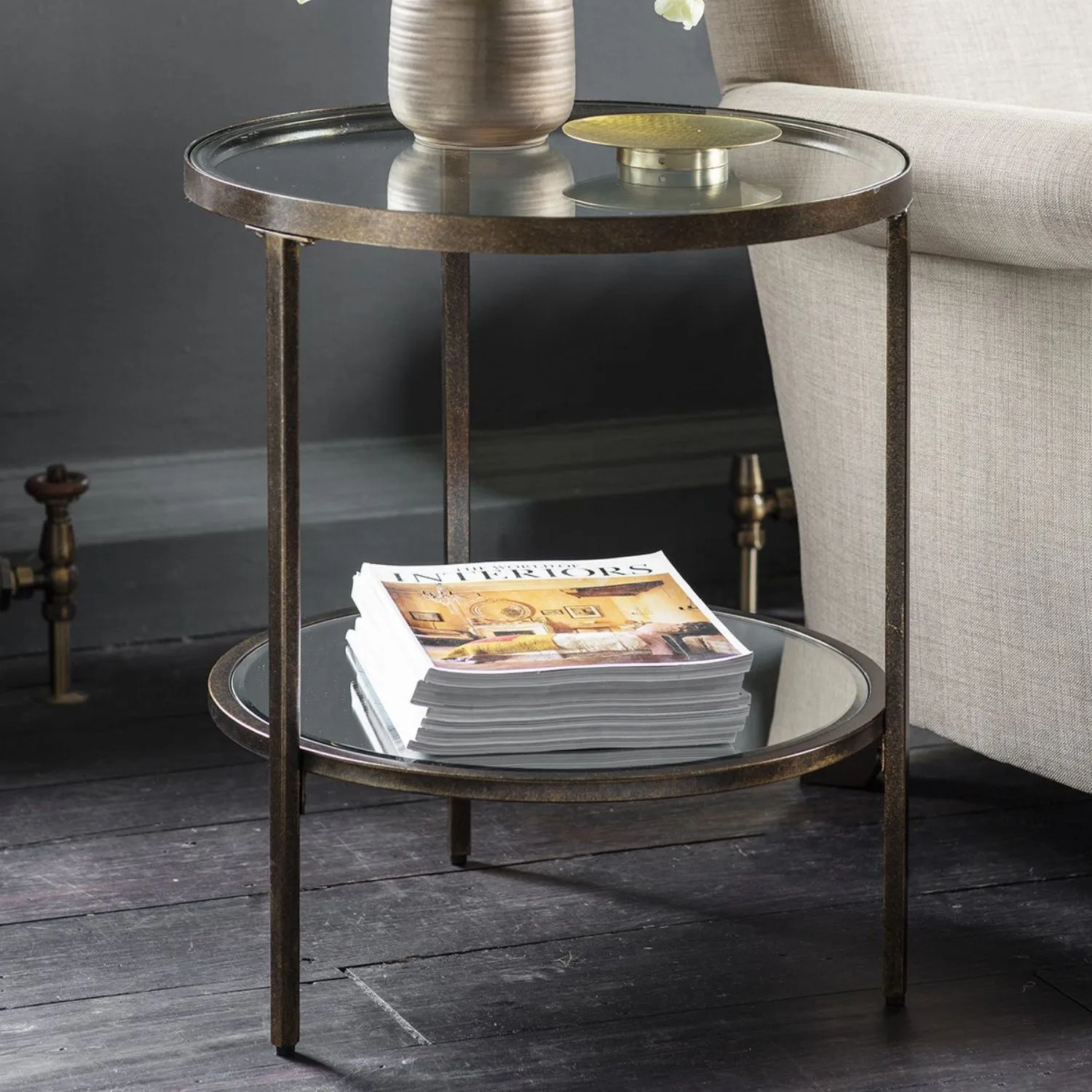 Aged Bronze Round Metal Side Table Glass Top and Shelf