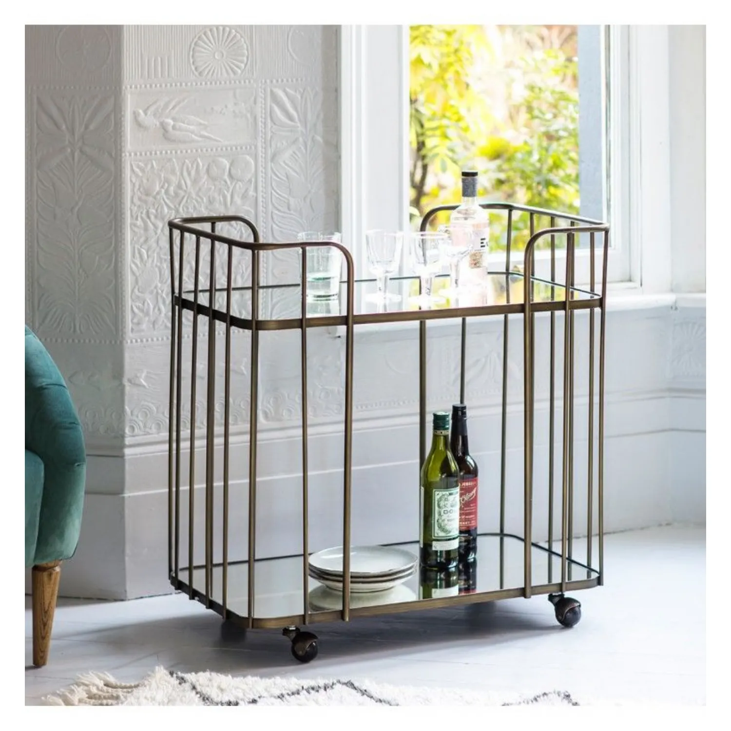 Antique Bronze Drinks Serving Trolley 2 Glass Shelves