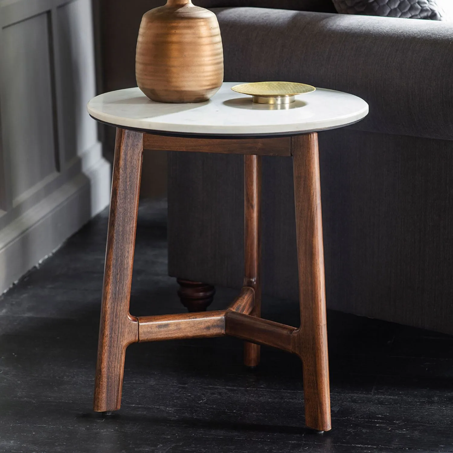 White Marble And Dark Wood Round Side Table