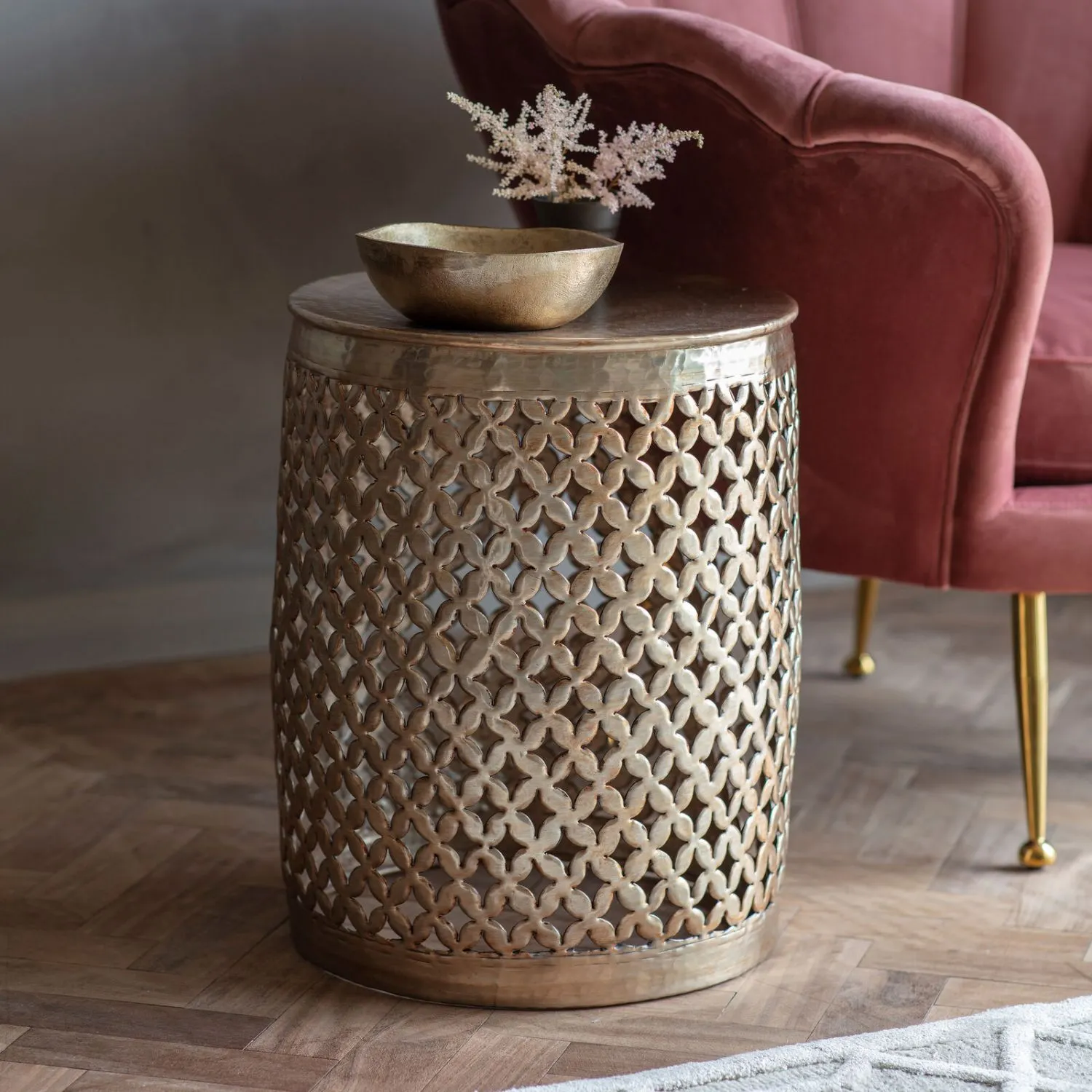 Gold Metal Drum Round Occasional Side Table 40cm Diameter