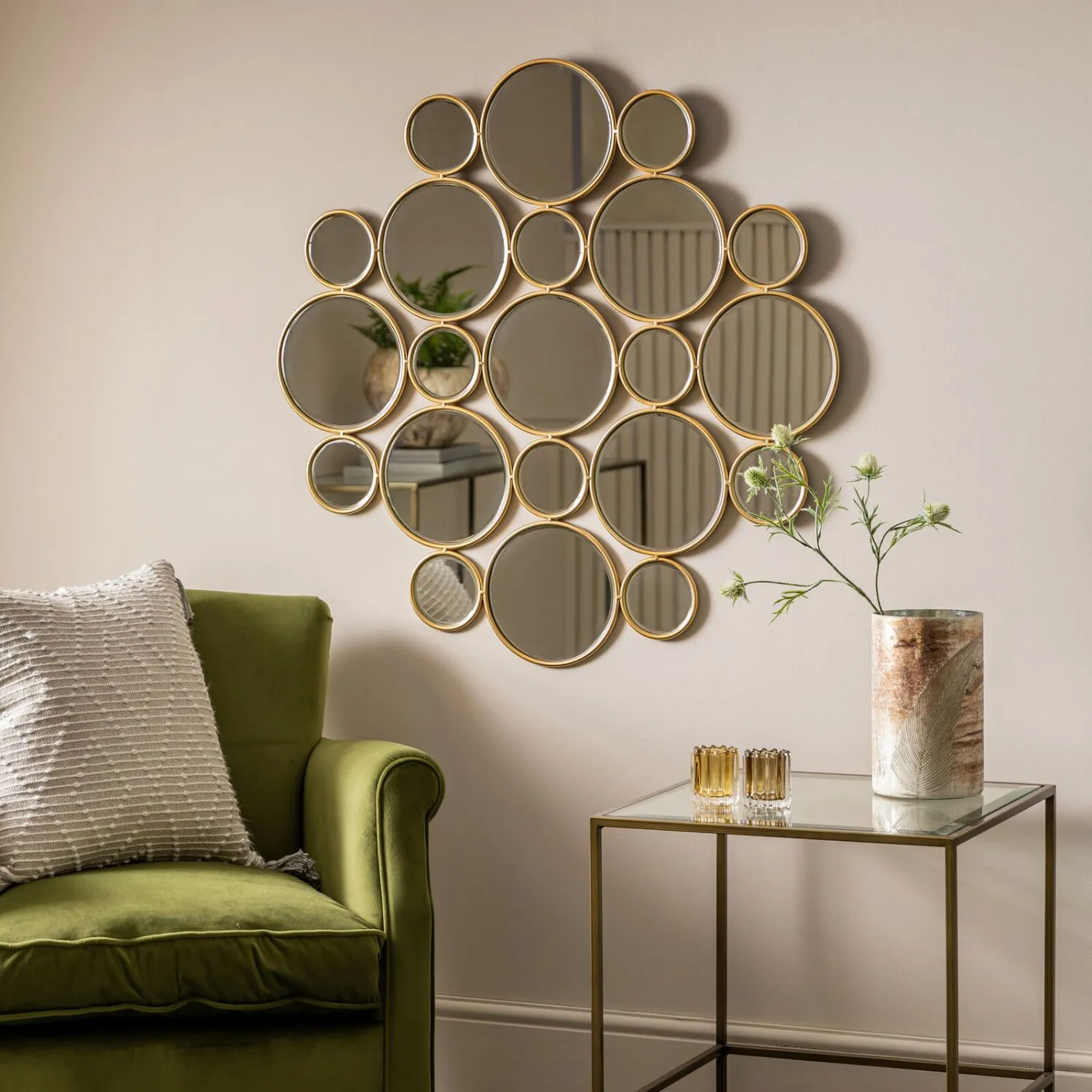 Gold Framed Bevelled Glass Wall Hanging Multi Circle Mirrors