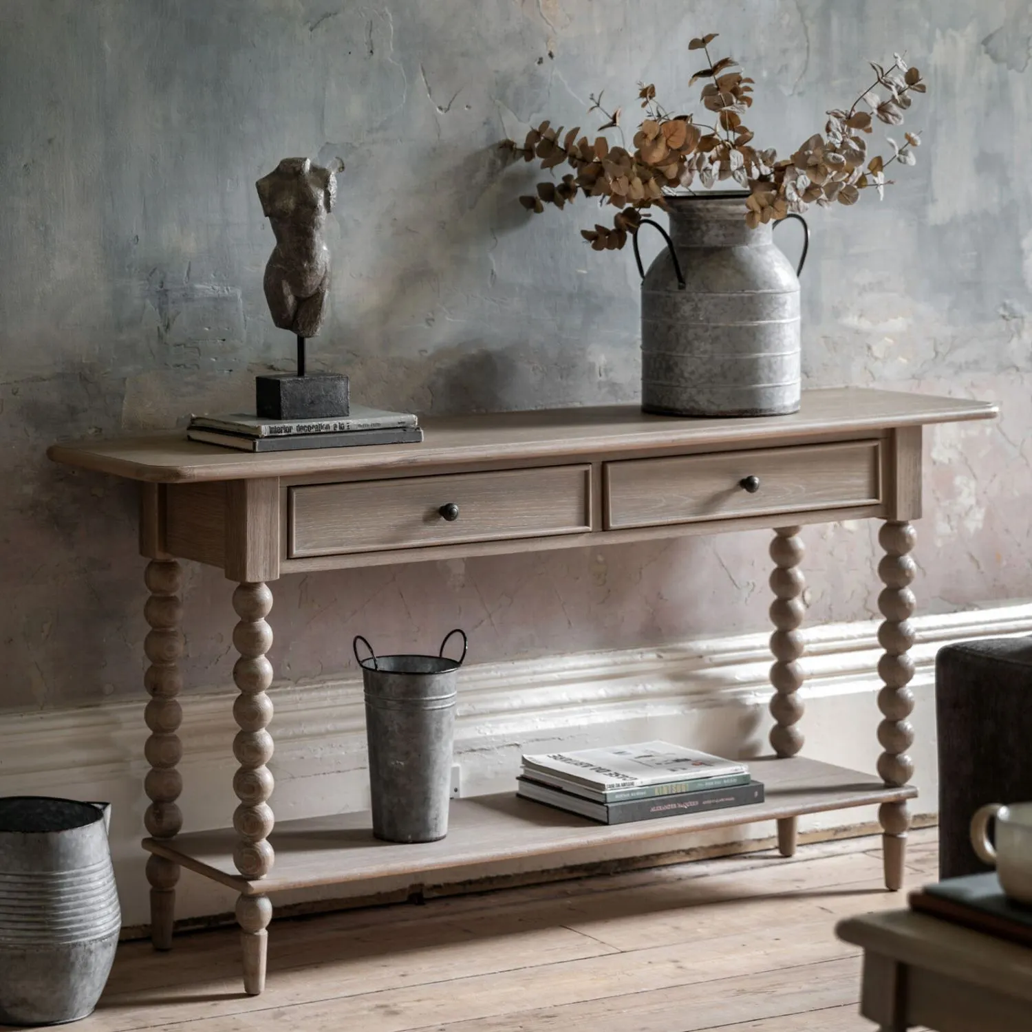 Natural Oak 2 Drawer Console Table Column Sides and Shelf