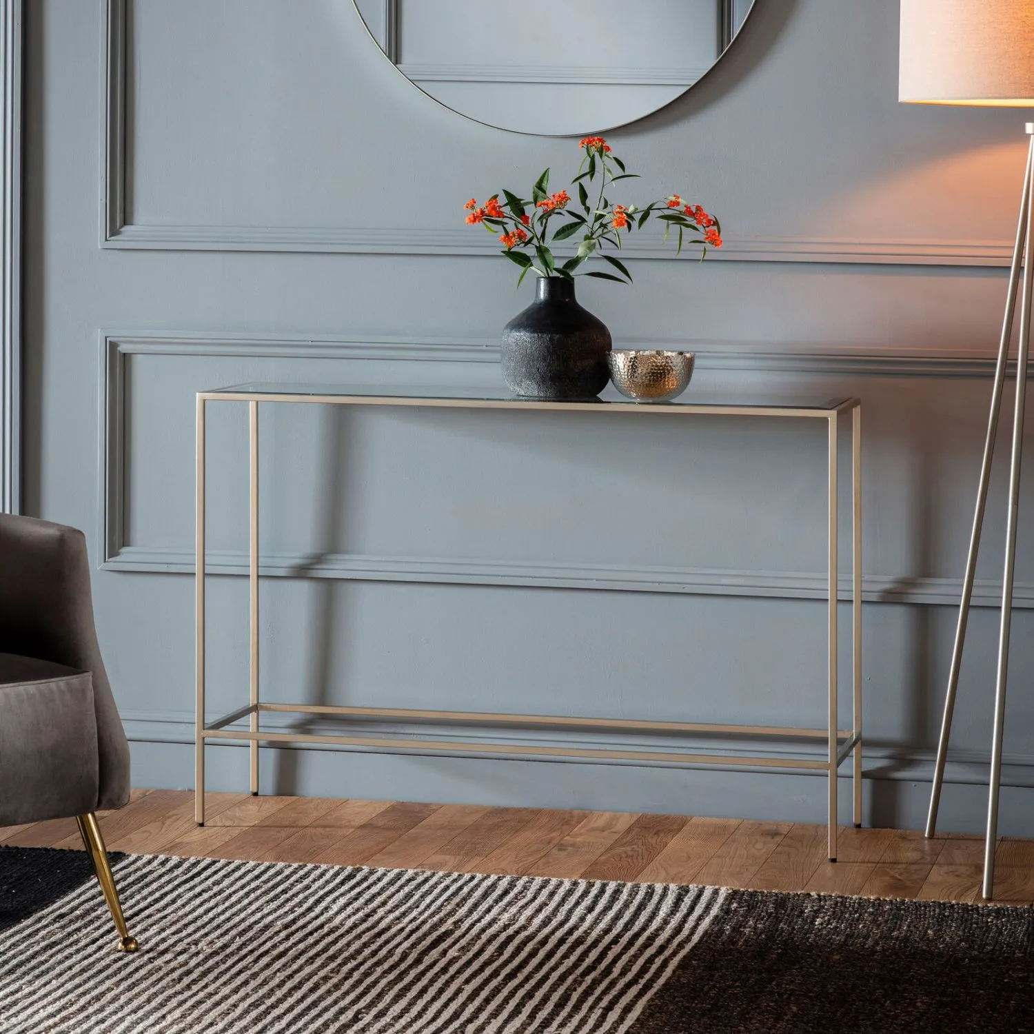 Silver Thin Metal Framed Glass Top Console Hall Table