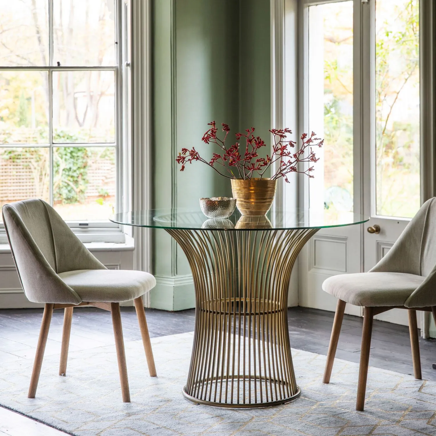 Round Glass Top Dining Table Bronze Metal Birdcage Base