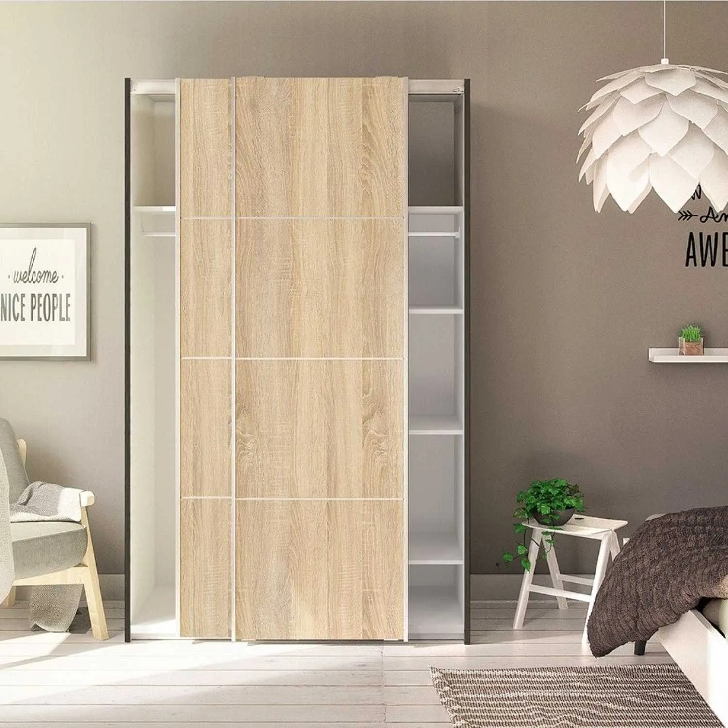 Black Matt Sliding Tall Wardrobe with Oak Doors with 5 Shelves