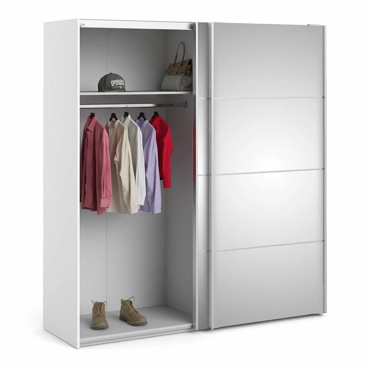 White Mirrored Glass Sliding 2 Door Double Wardrobe