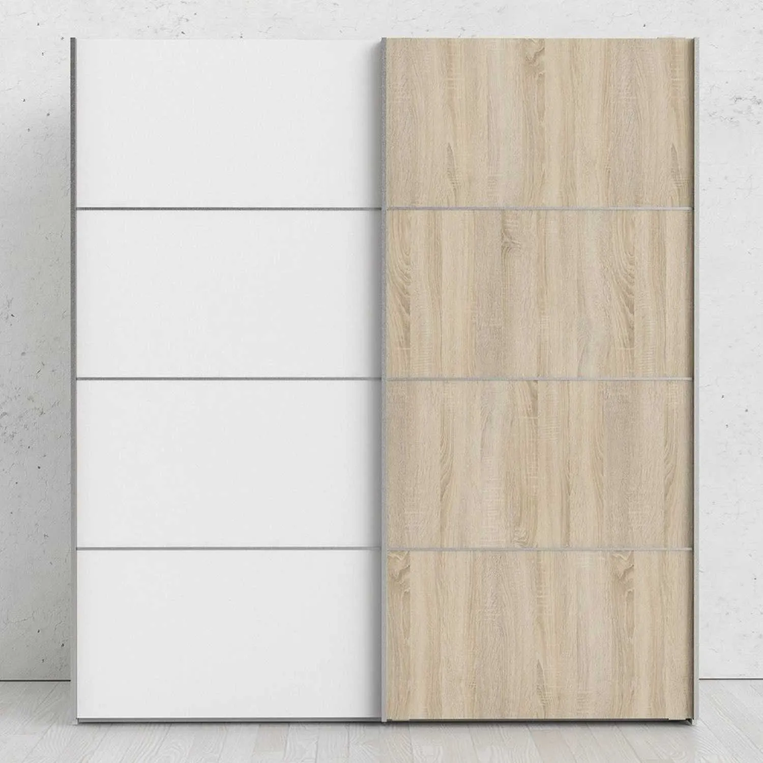 White and Light Oak Sliding 2 Door Double Wardrobe