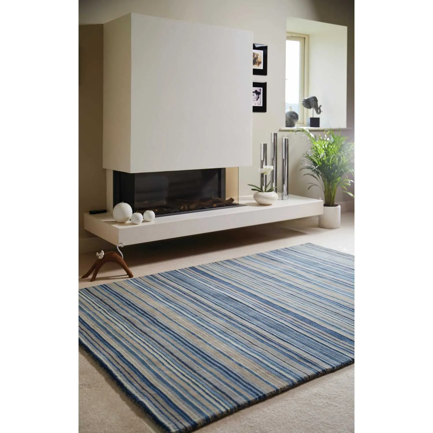 Origins Fine Handloom Woven Fine Stripes Pure Wool Rug in Blue and Beige 160x230cm